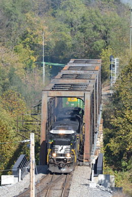 NS 211 led by NS #8880 crosses the South Fork of the Shenandoah River