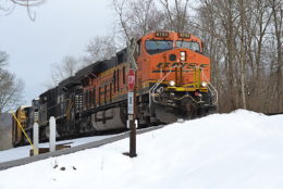 BNSF ES44C4 #6753 leads NS train 36Q west down Linden Hill on 3/22/2018.