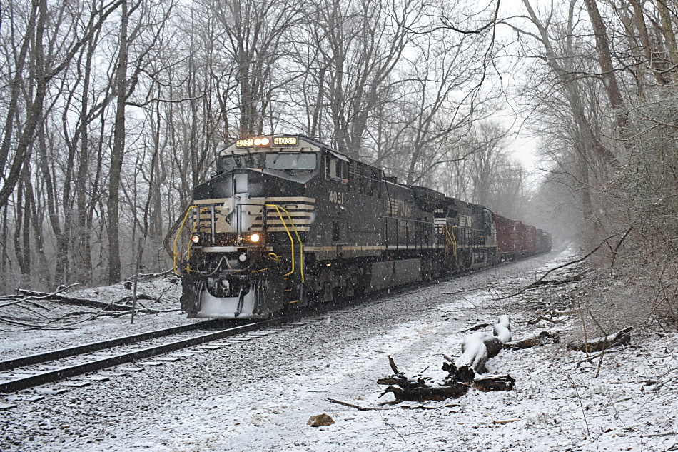  
NS AC44C6Ms #4031 & #4062 lead train 36Q climbs past the Appalachian Trail crossing in Linden, Virginia on 3/3/2019 