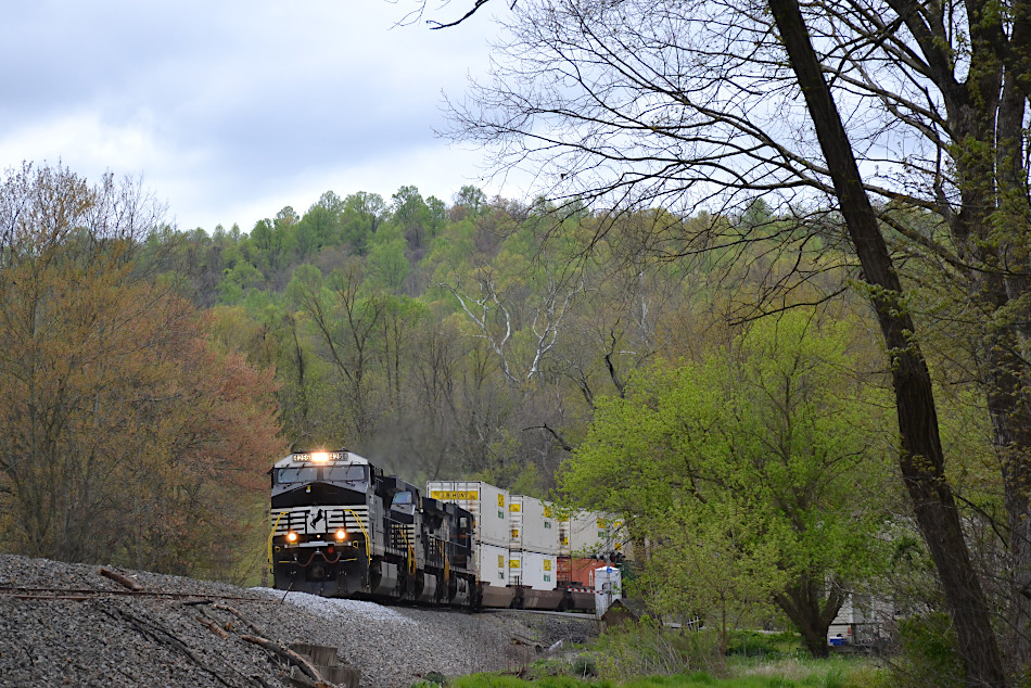 NS train 203 is led by AC44C6M #4256 east through Markham, Virginia on 4/25/2020. 