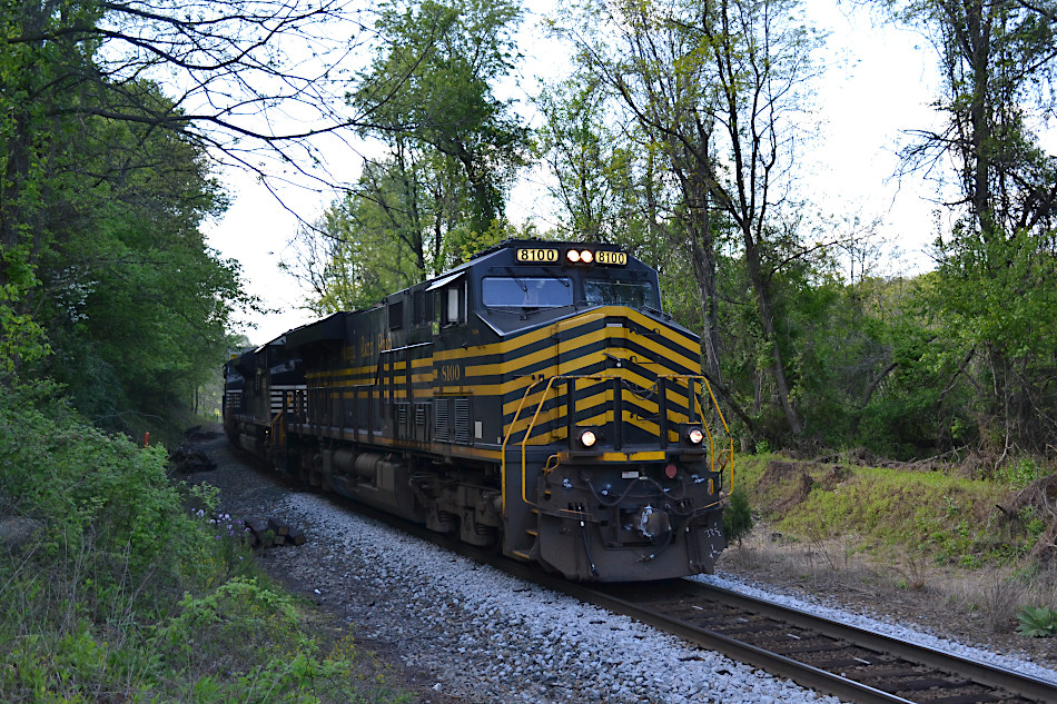 NS ES-44AC #8100 leads train 203 east near Linden, VA on 5/7/2020.