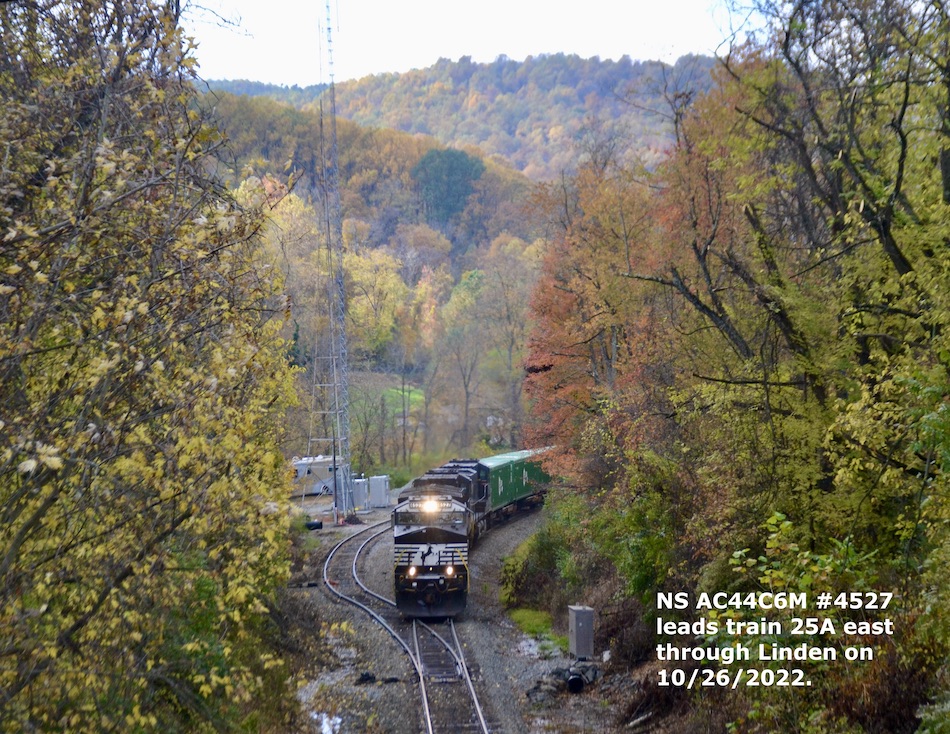 NS AC44CM #4527 leads train 25A through the fall colors crossing the Blue Ridge at Manassas Gap on 10/26/2022.