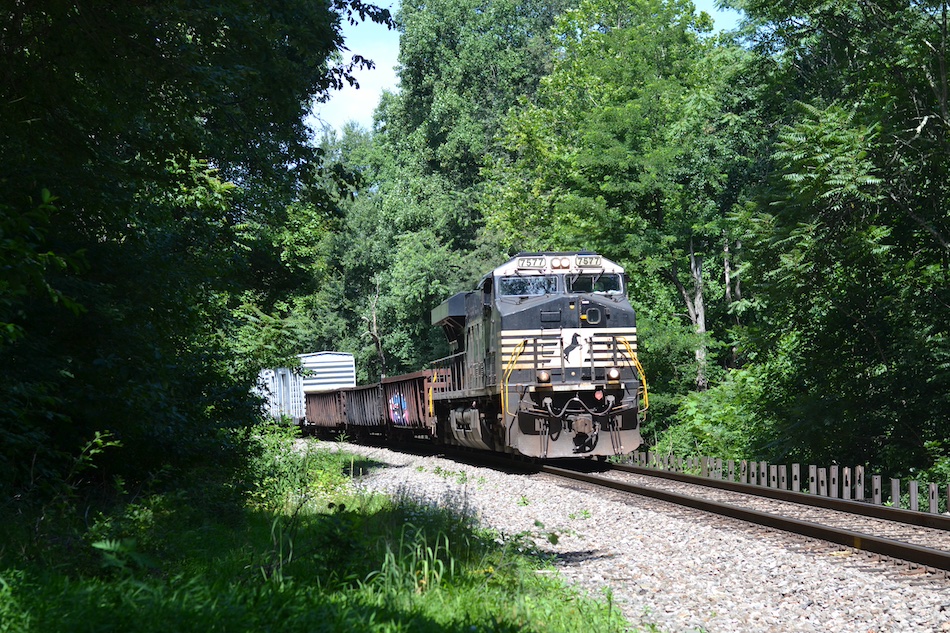 A single NS locomotive leads a train past the Appalachian Trail crossing in Linden, Virginia.