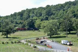 A train passes by a field with a mountain in the background