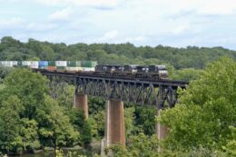 A Norfolk Southern train crosses a bridge over the Potomac River