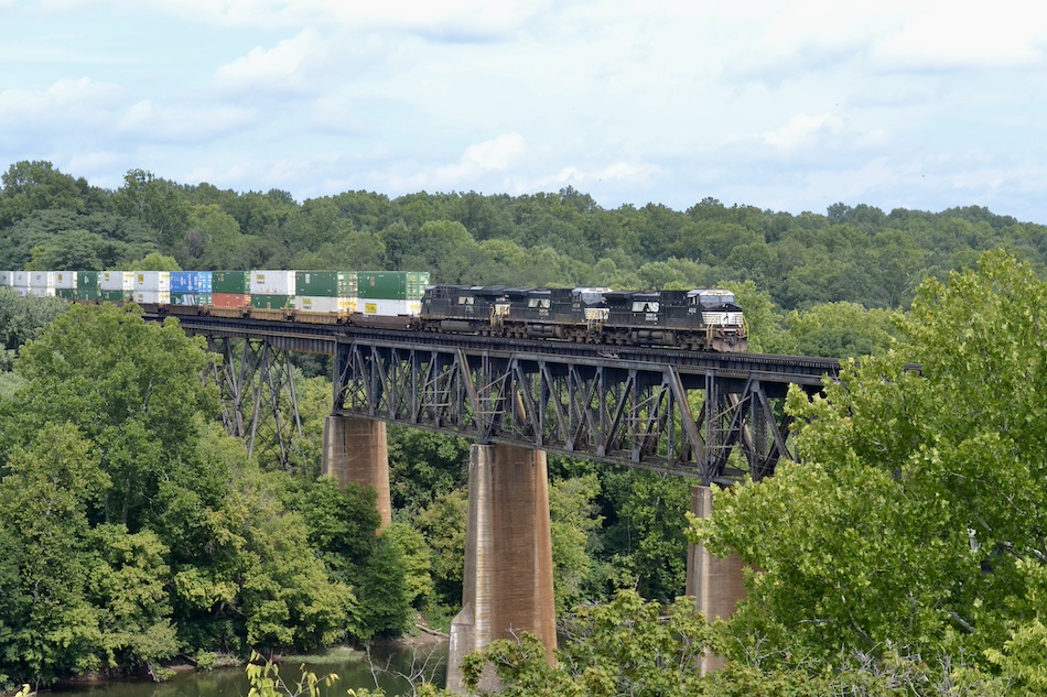 A Norfolk Southern train crosses a bridge over the Potomac River.