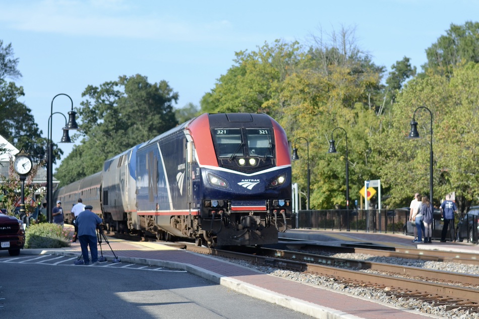 Amtrak train heads south past the Ashland, Virginia depot