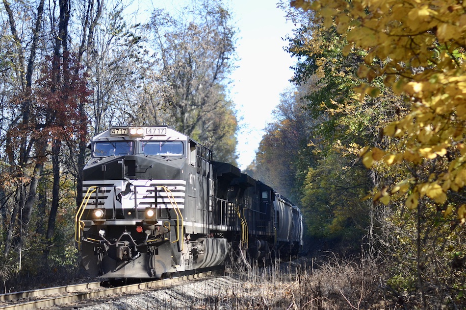 Norfolk Southern freight train passes fall color