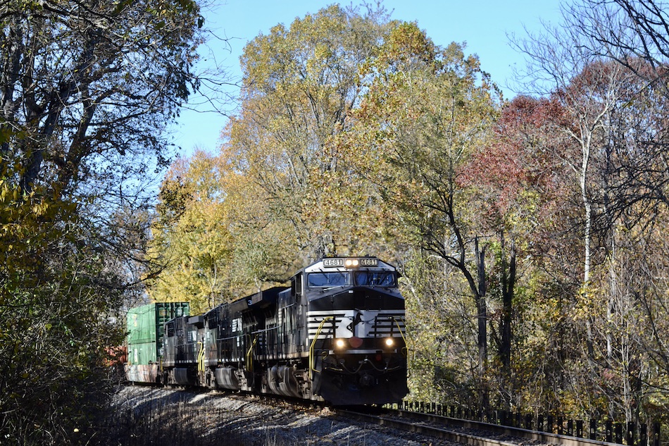 Norfolk Southern intermodal train passes some fall color