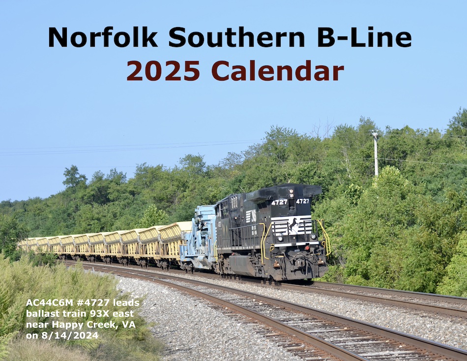 A Norfolk Southern ballast train with the locomotive running long hood forward.  This is the cover shot of the 2025 B-Line calendar.