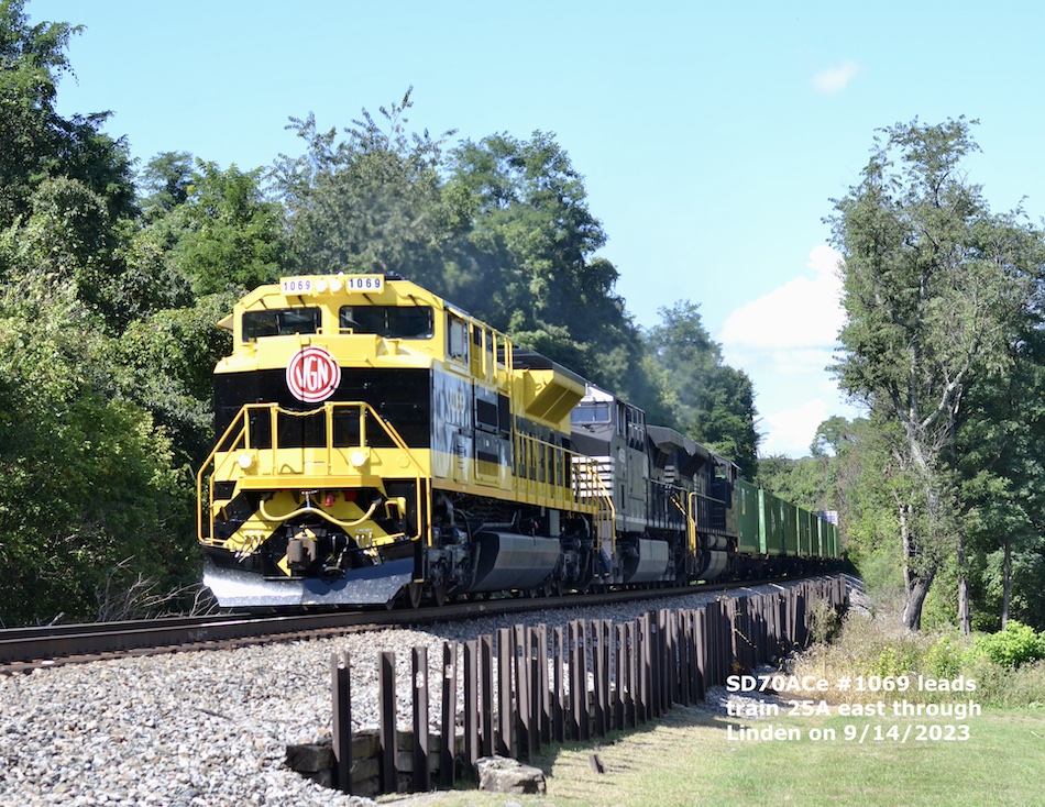 The colorful yellow and black Virginian Railway Norfolk Southern heritage unit