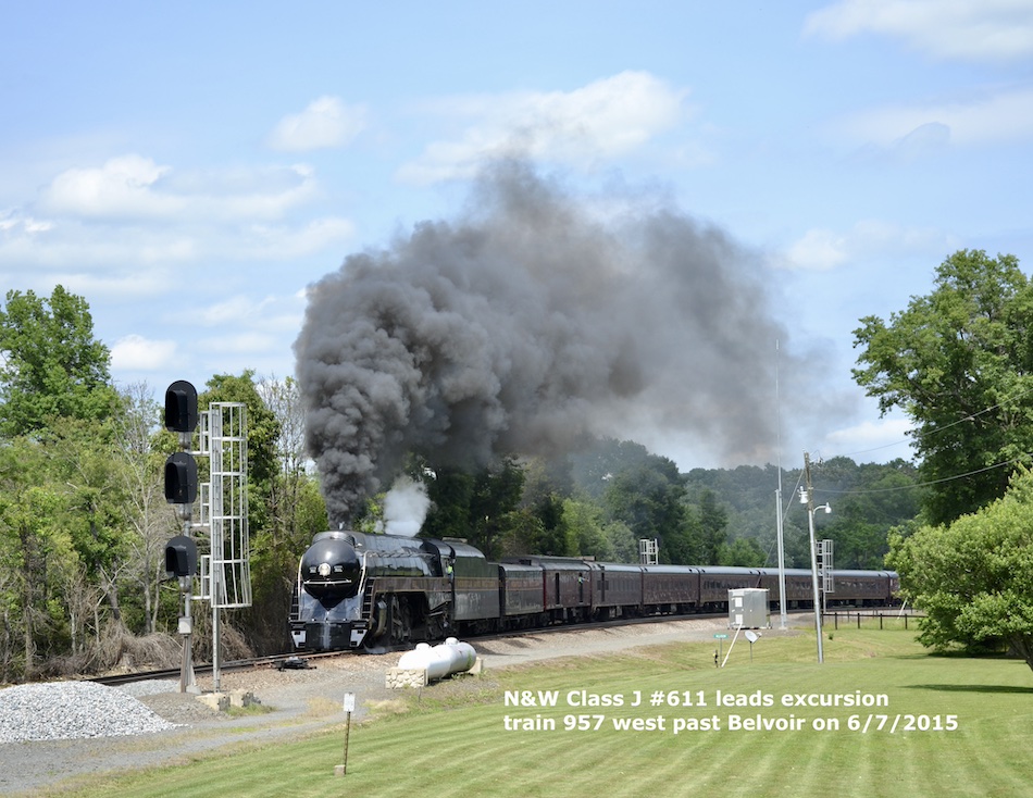 Norfolk and Western Class J 611 steam locomotive pulling an excursion in Virginia